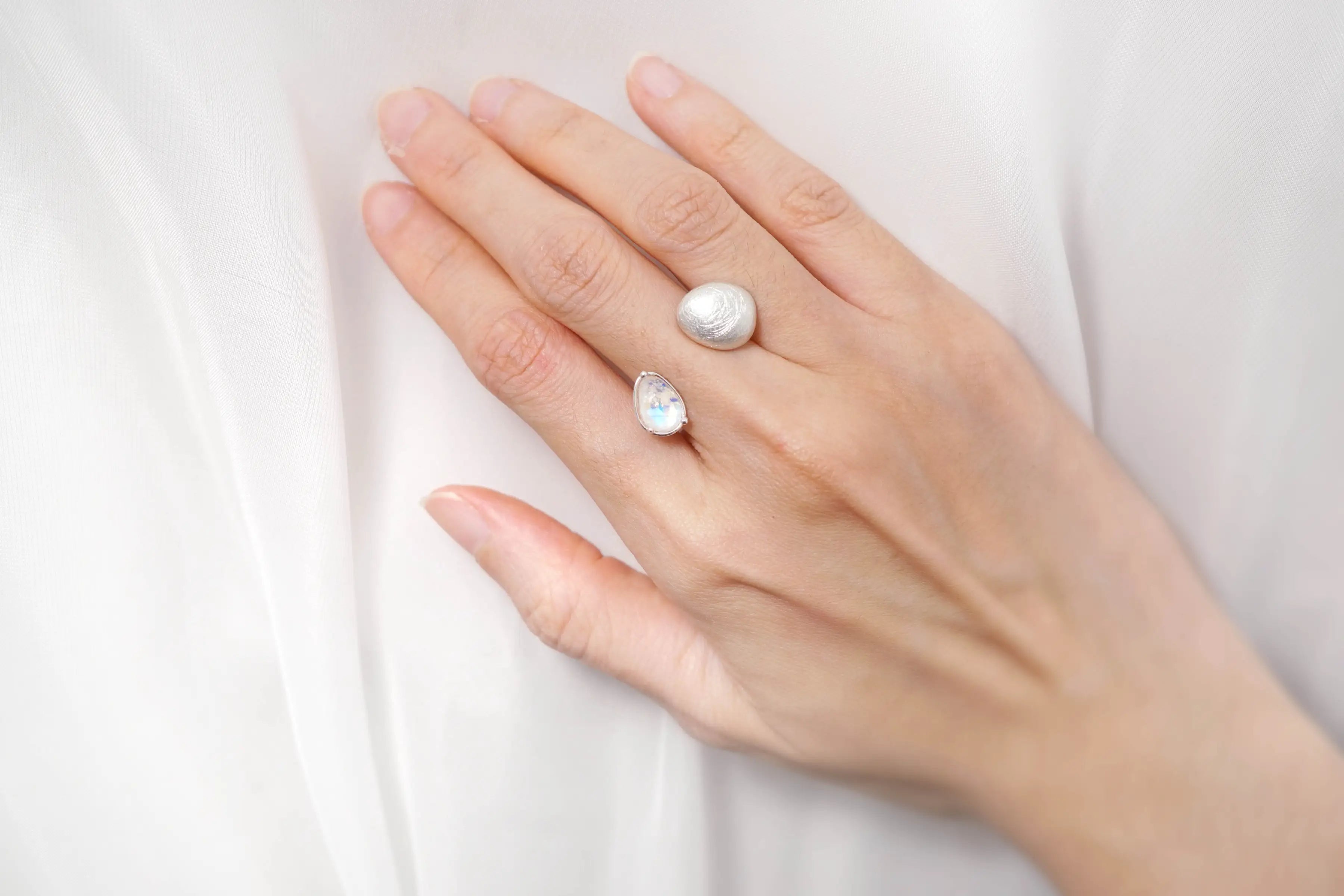 Chia Jewelry gem stones rings design collection. One of a kind silver moonstone adjustable and resizable statement ring.