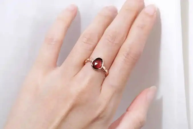 Chia Jewelry gem stones rings design collection.One of a kind gold garnet simple and artistic bean pebbles statement ring.